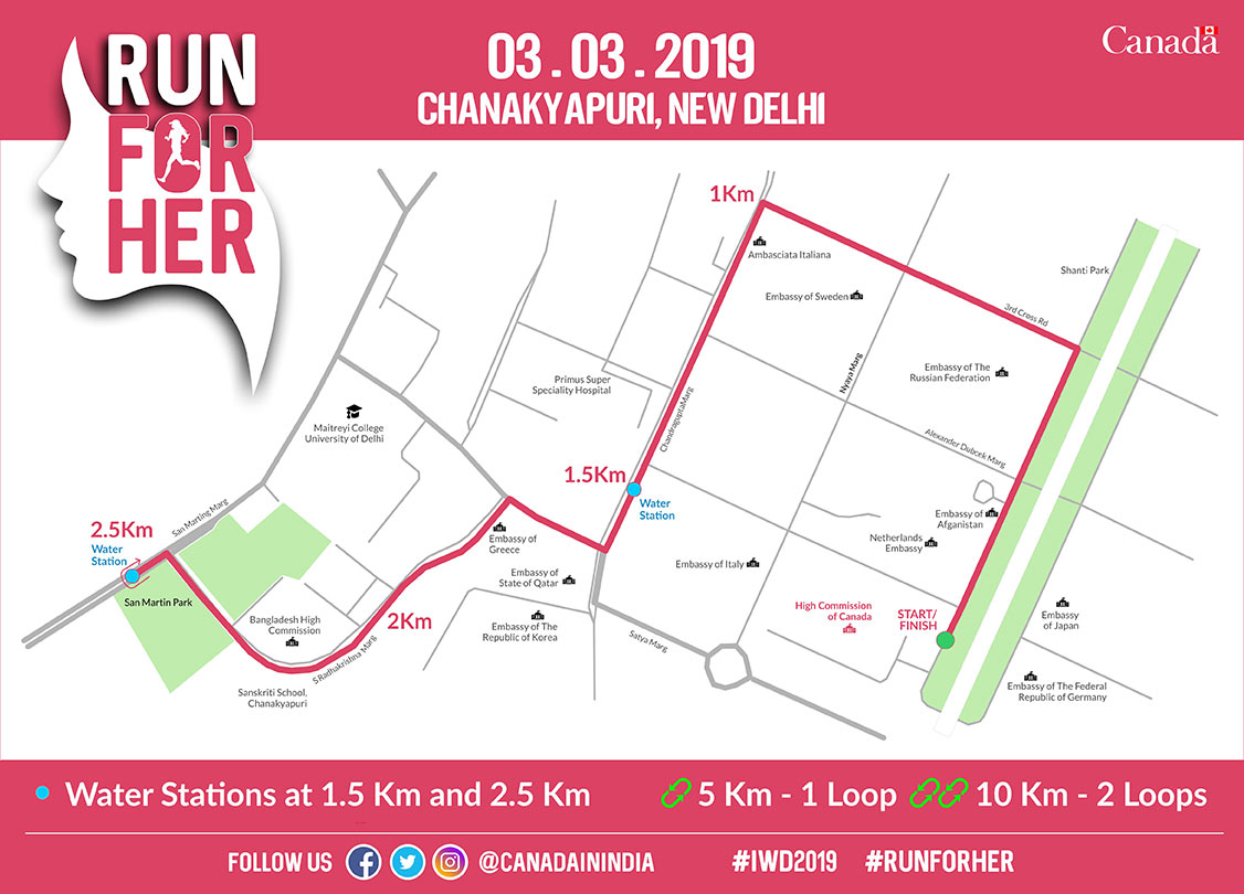 Route Map, Run For Her, Sunday 03 March 2019, Chanakyapuri New Delhi, Coach Ravinder Gurugram